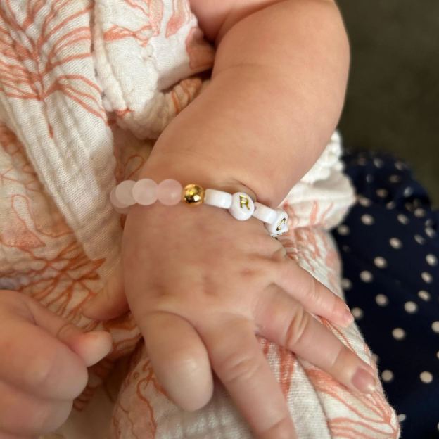 Personalized Rhinestone Rose quartz Baptism Gift Bracelet | CWBeach186