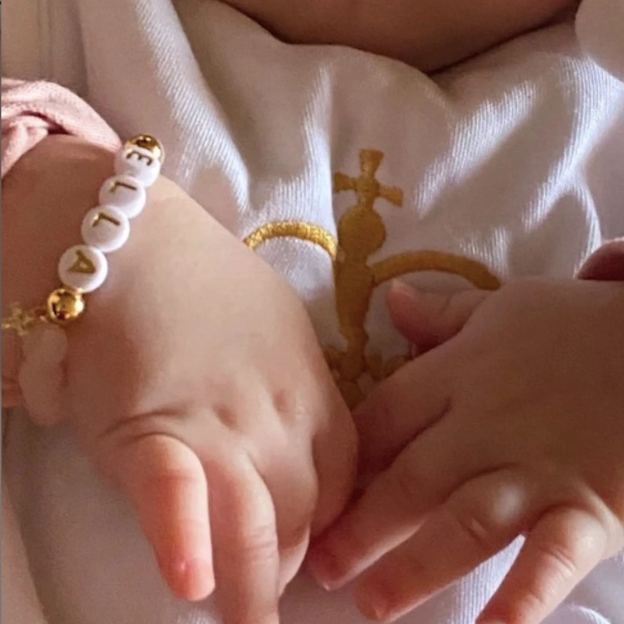 Personalized Rhinestone Rose quartz Baptism Gift Bracelet | CWBeach186