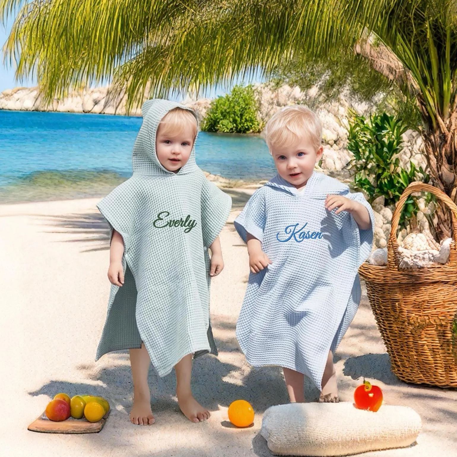 Personalized Embroidery Kids Waffle Beach Towel Poncho for Summer & Beach | CWBeach84