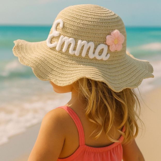 Personalized Kid Hand Embroidered Straw Hat With Flowers | CWBeach3501