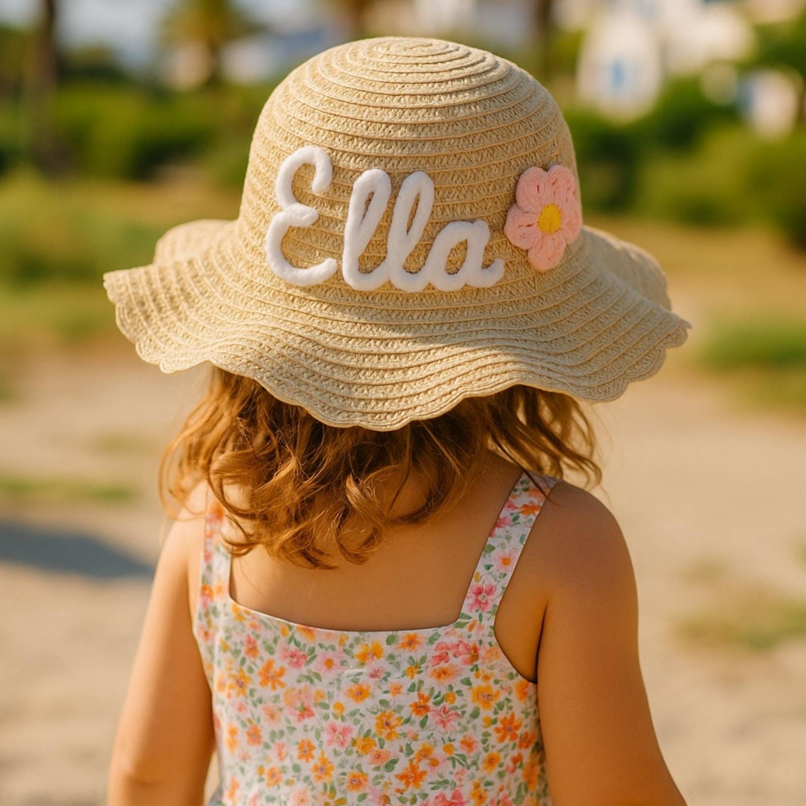 Personalized Kid Hand Embroidered Straw Hat With Flowers | CWBeach3501