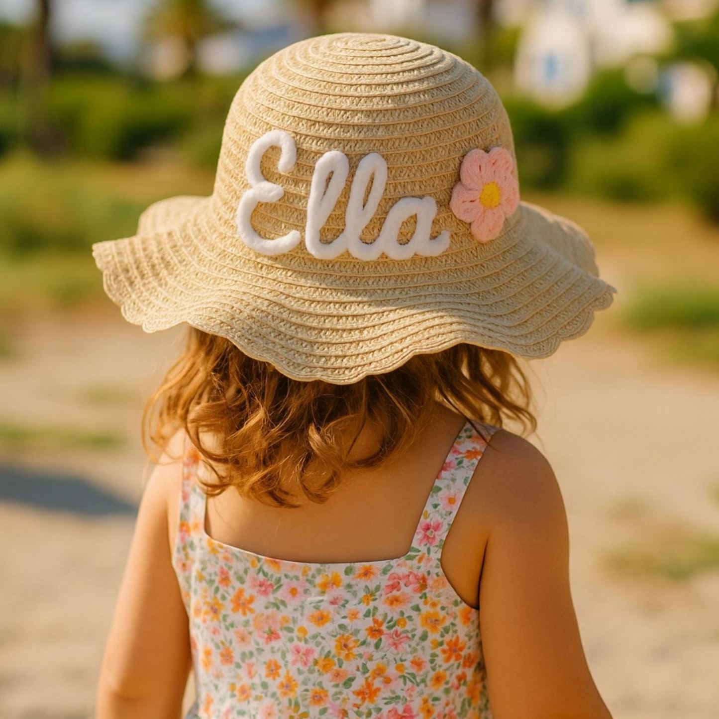Personalized Kid Hand Embroidered Straw Hat With Flowers | CWBeach3501