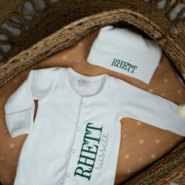 Personalized Embroidery Monograms Baby Coming Home Romper and Hat Set | CWBaby287