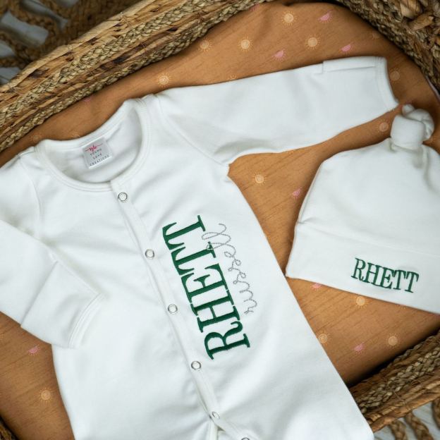 Personalized Embroidery Monograms Baby Coming Home Romper and Hat Set | CWBaby287