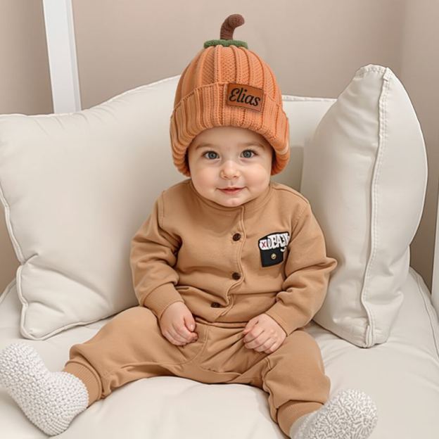 Personalized Leather Patch Pumpkin Wool Beanie | CWHalloween46