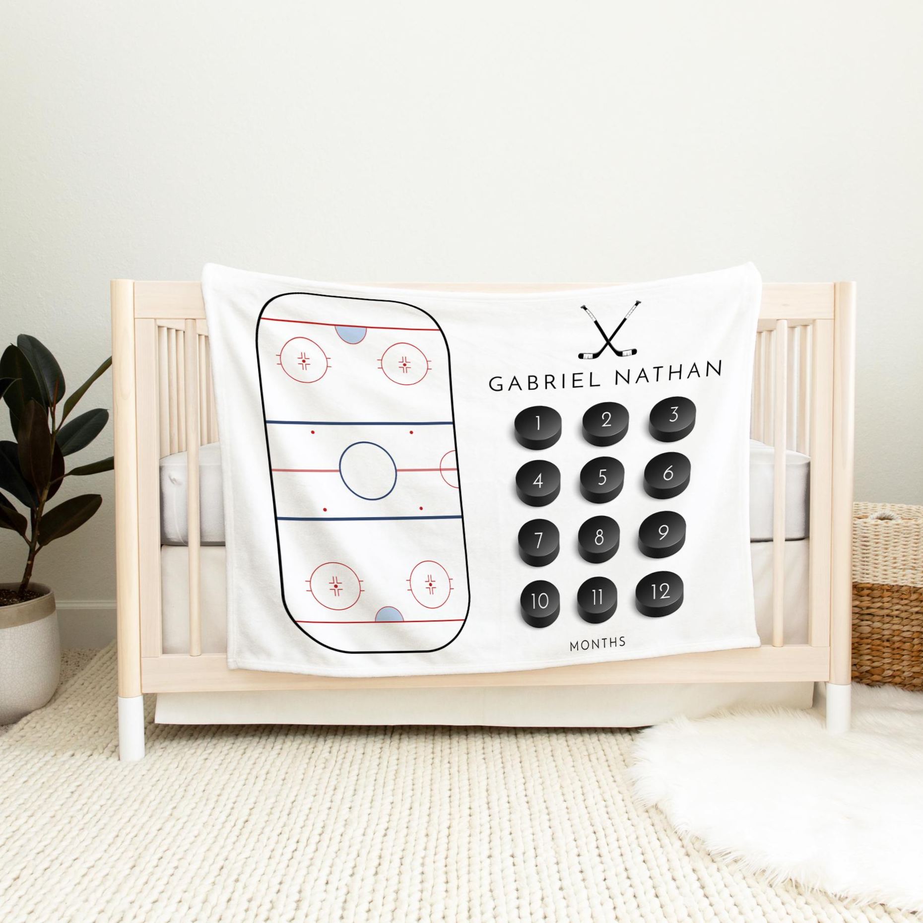 Personalized Baby Hockey Themed Milestone Blanket with Name | BKMS019