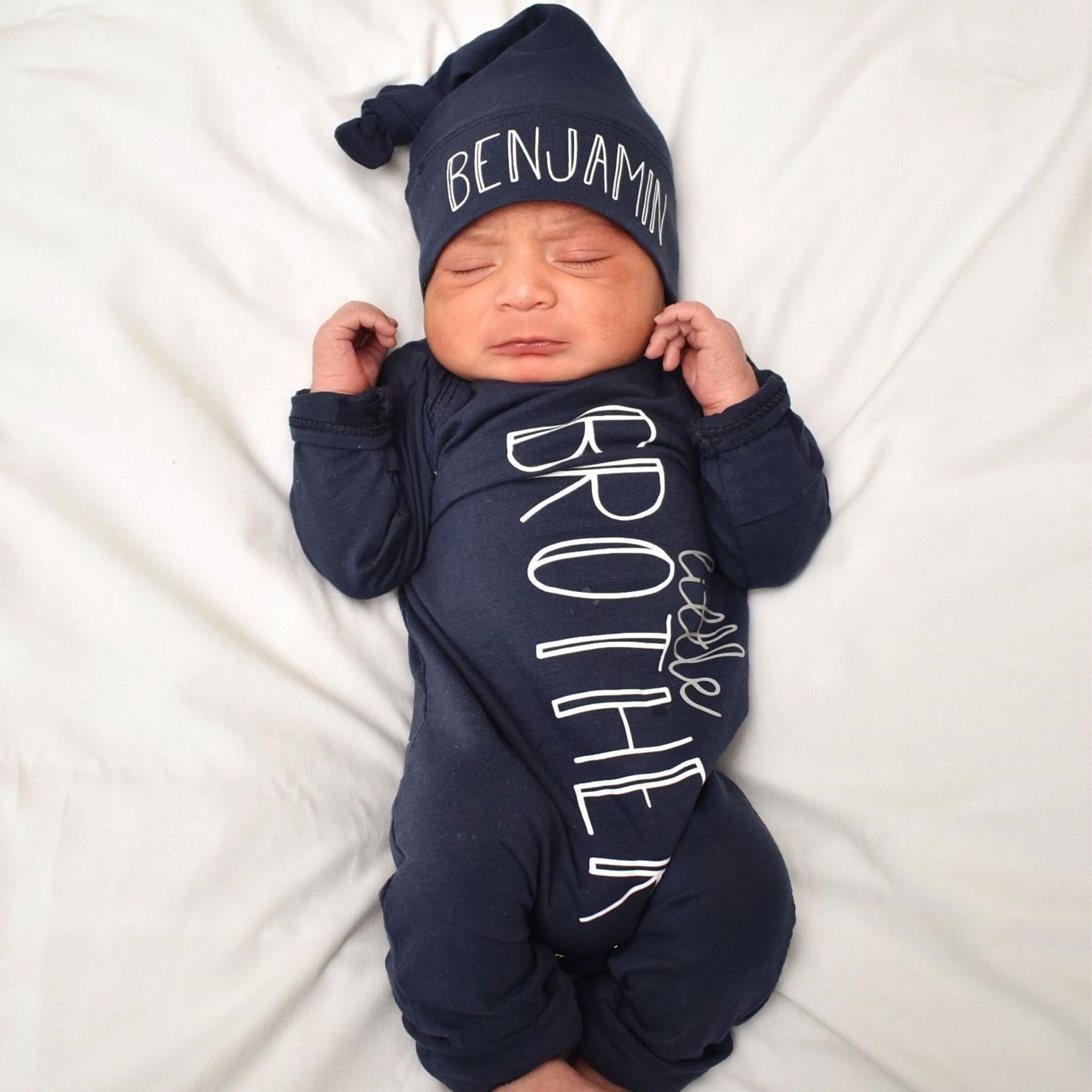 Personalized Baby Little Brother Coming Home Romper and Hat Set | CWBaby302