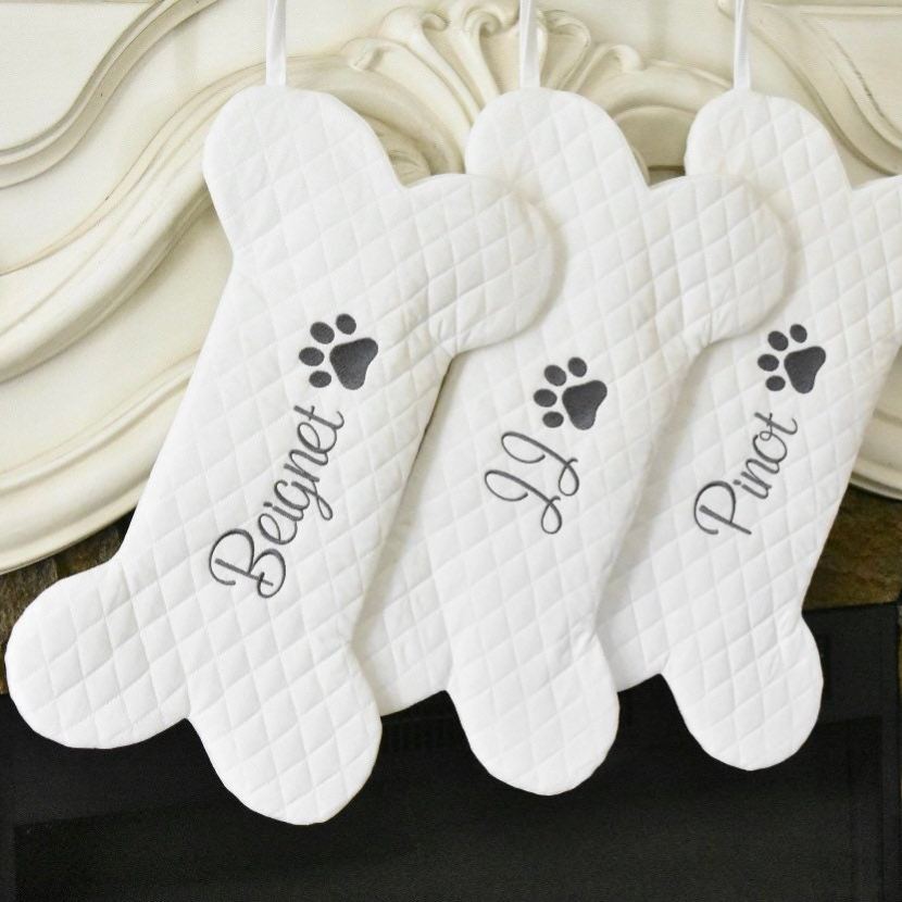 Personalized Dog Bone Christmas Stocking in Quilted White | MCGift174
