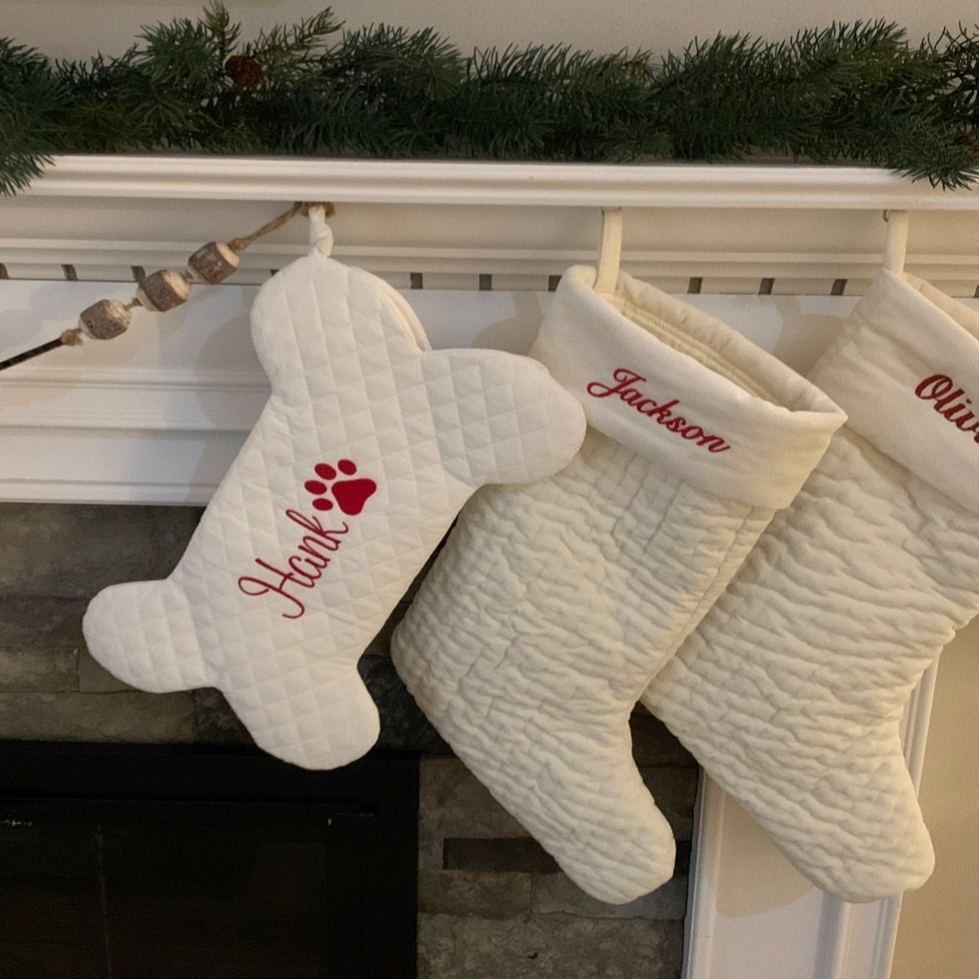 Personalized Dog Bone Christmas Stocking in Quilted White | MCGift174