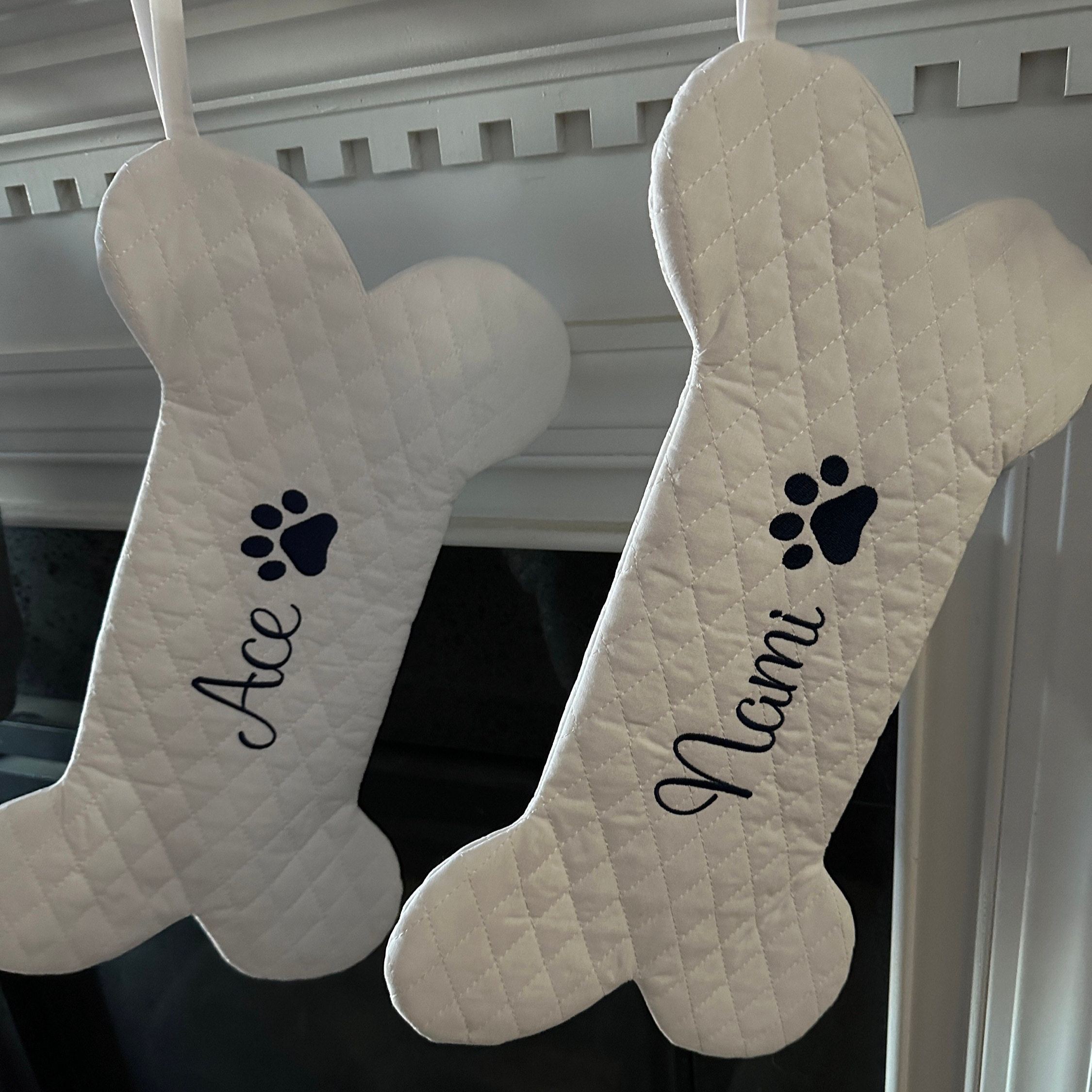 Personalized Dog Bone Christmas Stocking in Quilted White | MCGift174