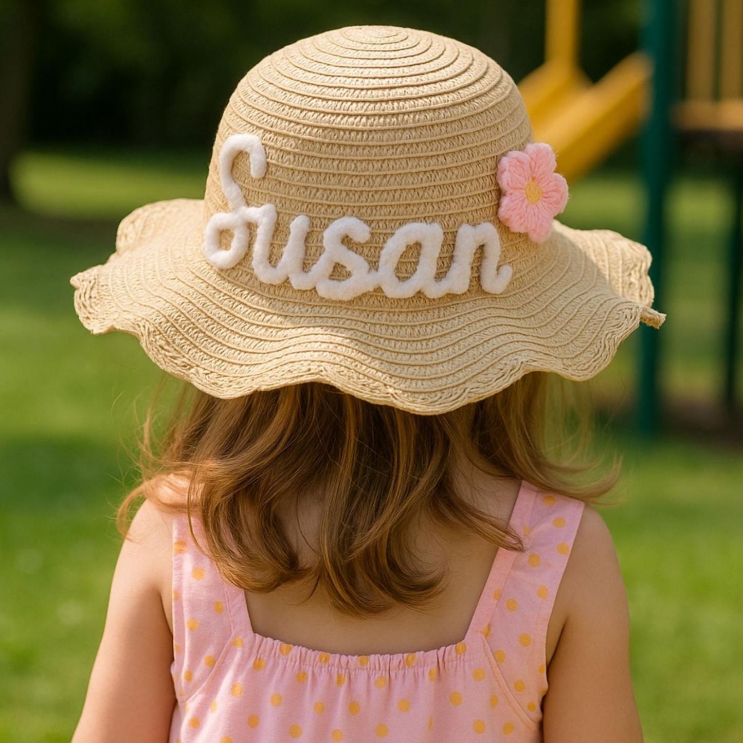 Personalized Kid Hand Embroidered Straw Hat With Flowers | CWBeach3501