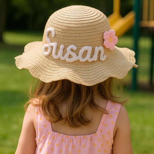 Personalized Kid Hand Embroidered Straw Hat With Flowers | CWBeach3501