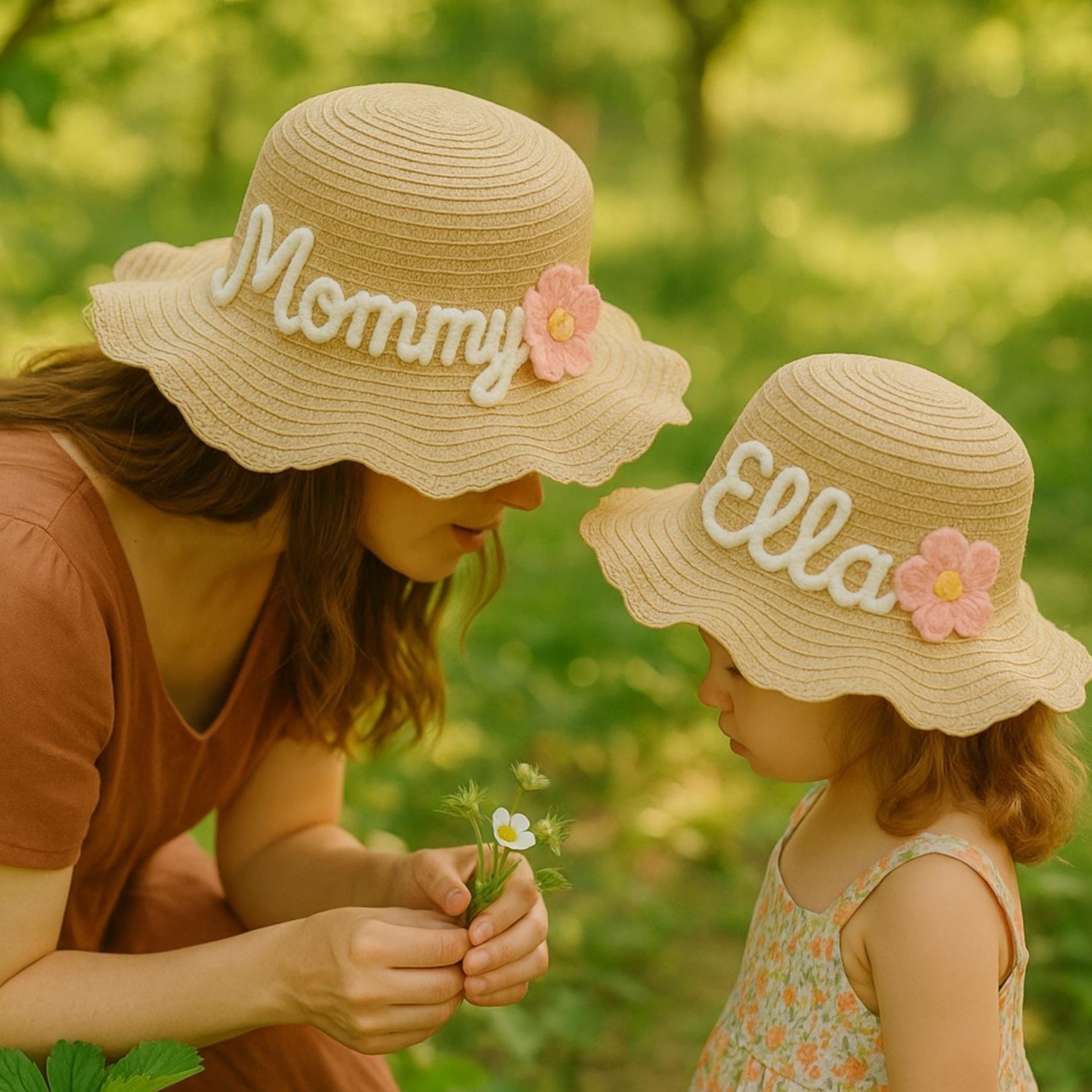 Personalized Kid Hand Embroidered Straw Hat With Flowers | CWBeach3501