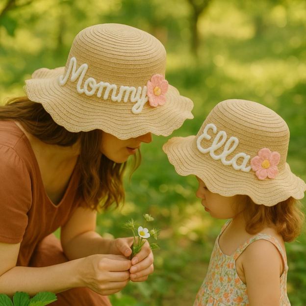 Personalized Kid Hand Embroidered Straw Hat With Flowers | CWBeach3501