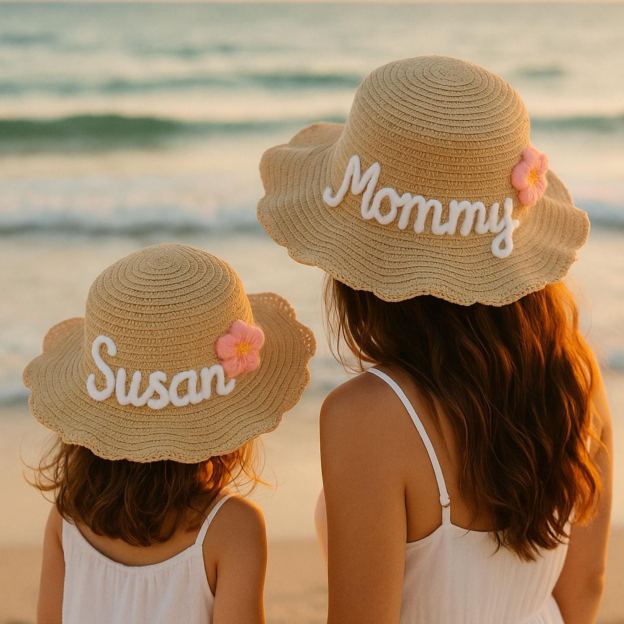 Personalized Kid Hand Embroidered Straw Hat With Flowers | CWBeach3501
