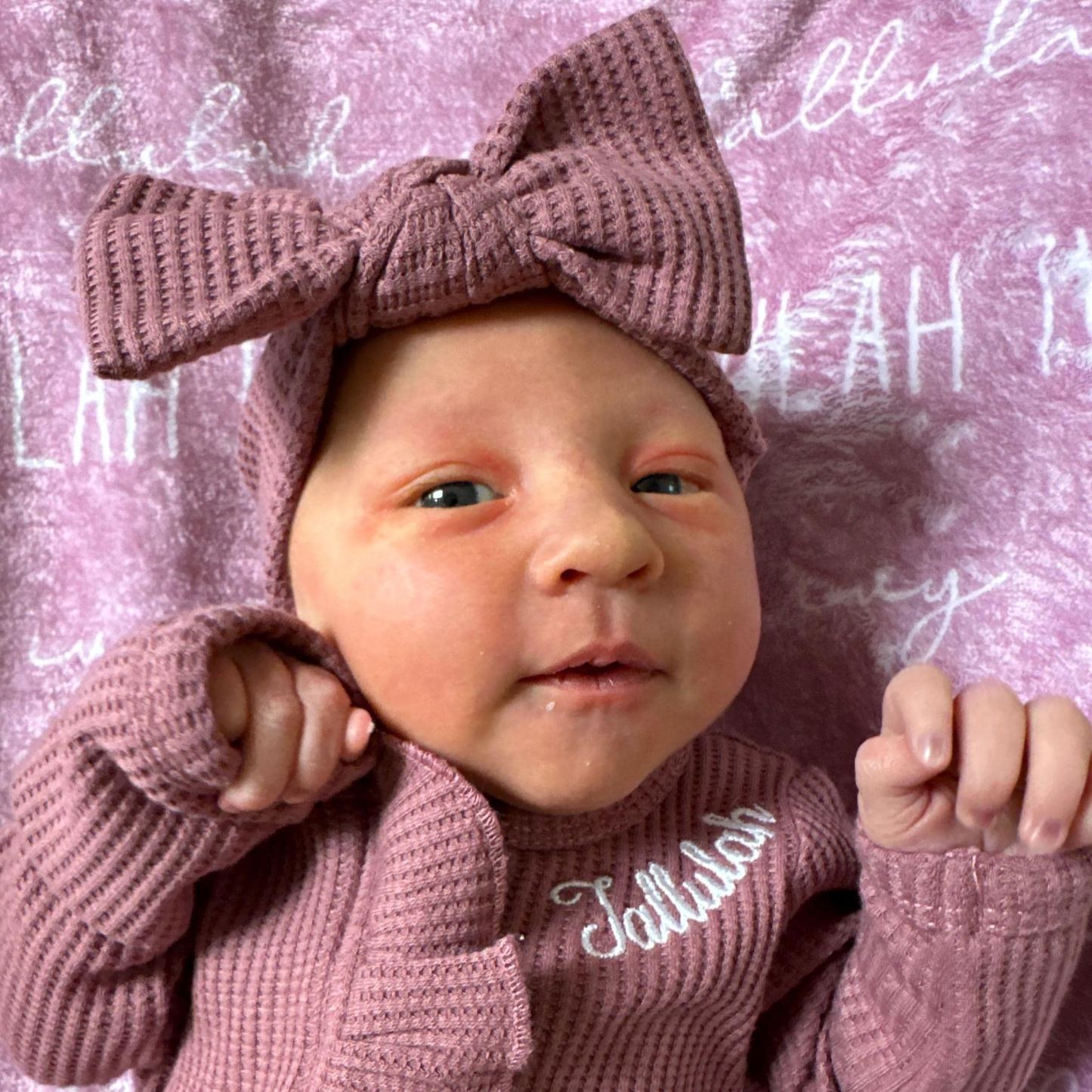 Personalized Newborn Embroidery Waffle Ruffled Romper With Bow | CWBaby354