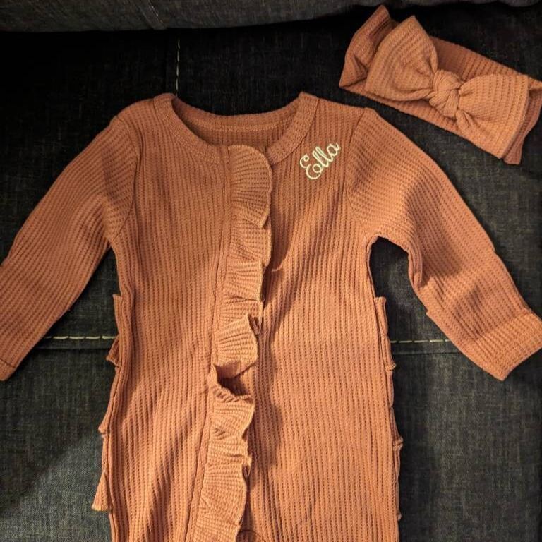Personalized Newborn Embroidery Waffle Ruffled Romper With Bow | CWBaby354
