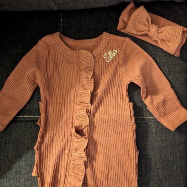 Personalized Newborn Embroidery Waffle Ruffled Romper With Bow | CWBaby354