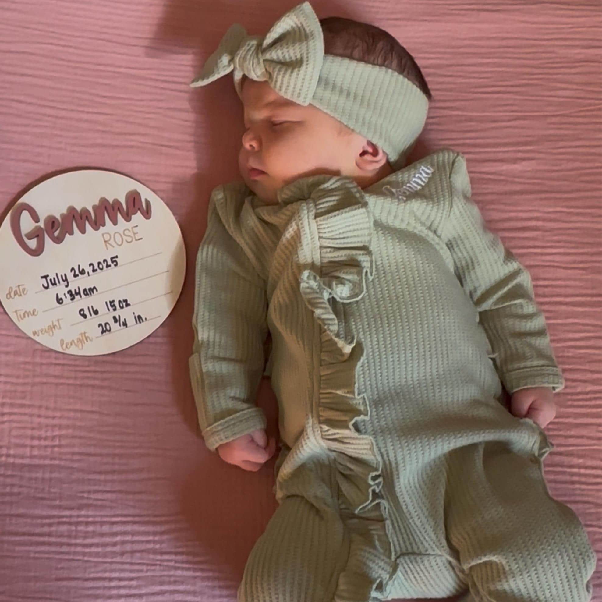 Personalized Newborn Embroidery Waffle Ruffled Romper With Bow | CWBaby354