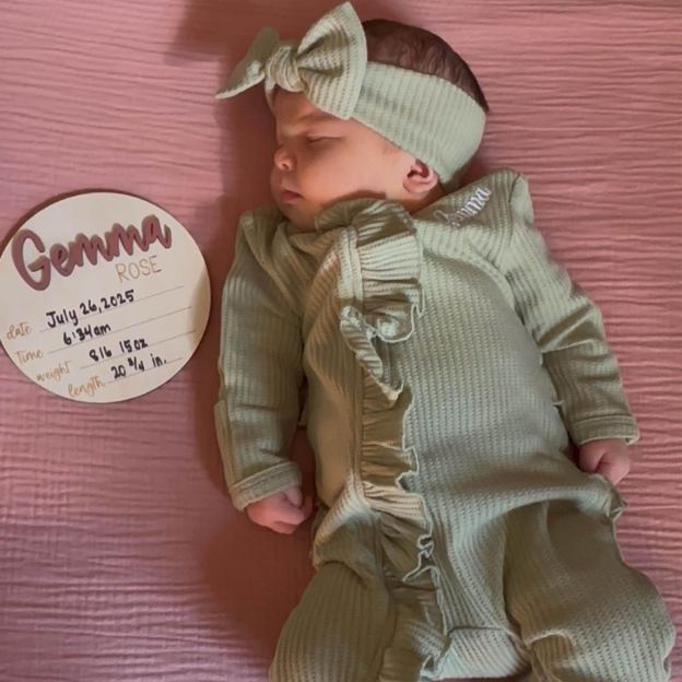 Personalized Newborn Embroidery Waffle Ruffled Romper With Bow | CWBaby354