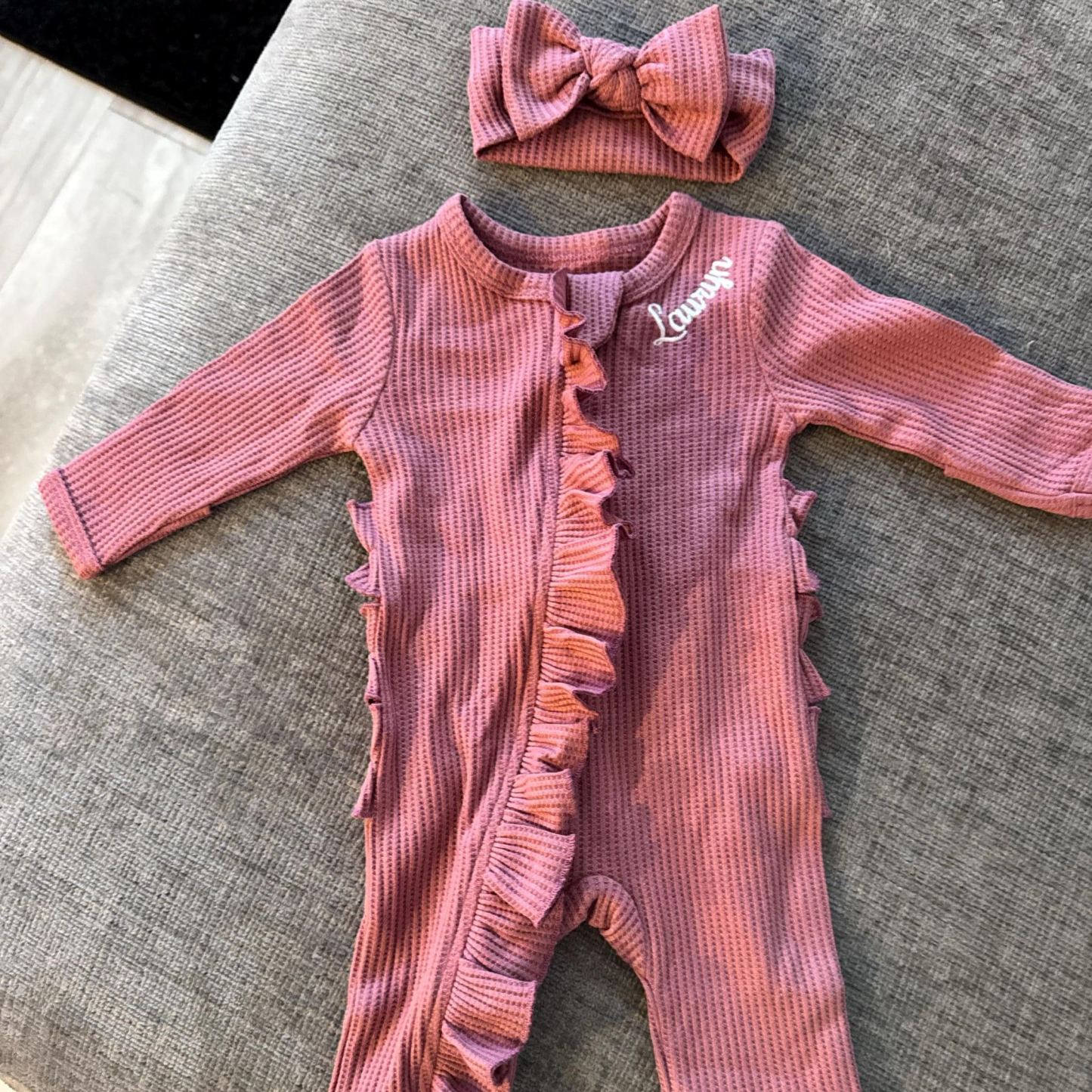 Personalized Newborn Embroidery Waffle Ruffled Romper With Bow | CWBaby354