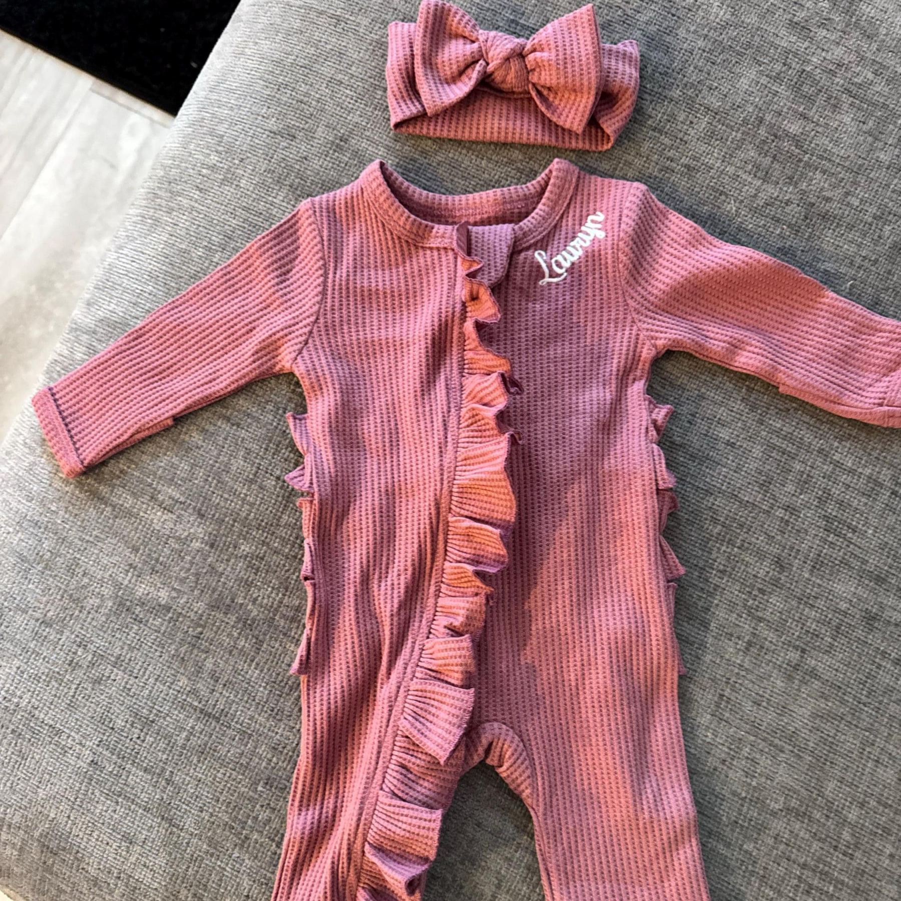 Personalized Newborn Embroidery Waffle Ruffled Romper With Bow | CWBaby354