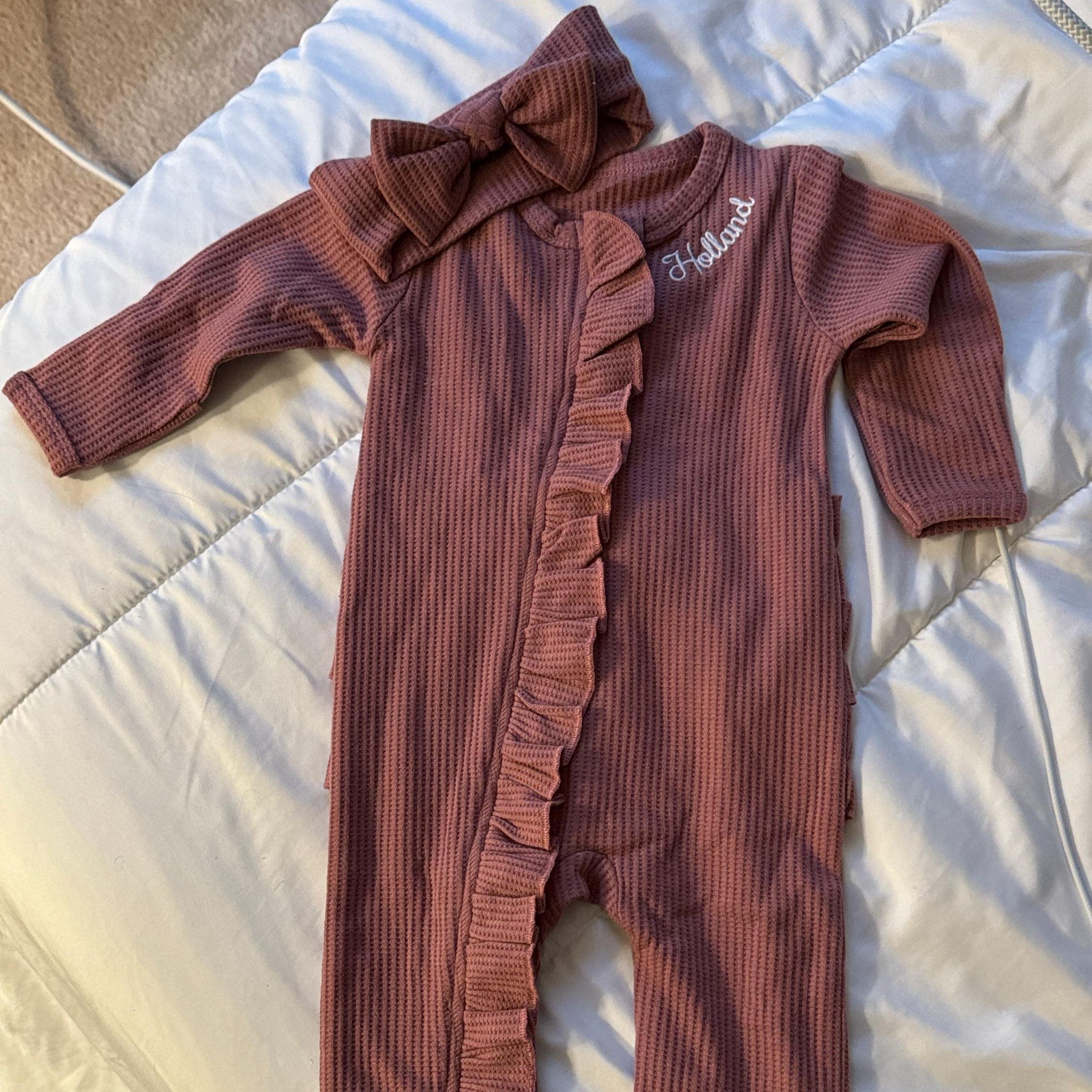 Personalized Newborn Embroidery Waffle Ruffled Romper With Bow | CWBaby354