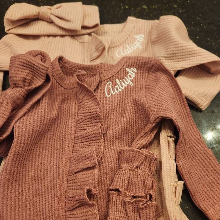 Personalized Newborn Embroidery Waffle Ruffled Romper With Bow | CWBaby354