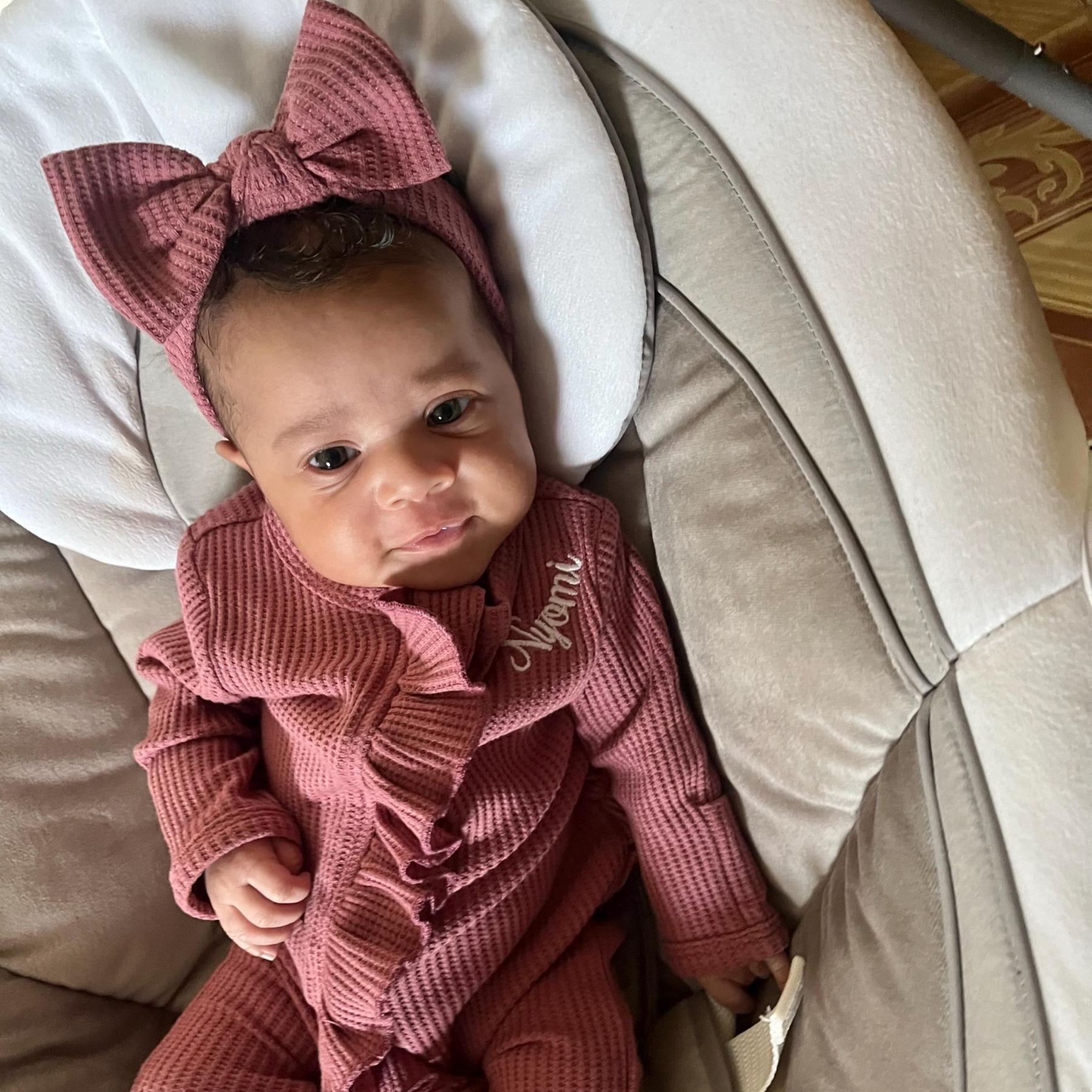 Personalized Newborn Embroidery Waffle Ruffled Romper With Bow | CWBaby354