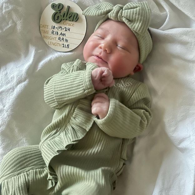 Personalized Newborn Embroidery Waffle Ruffled Romper With Bow | CWBaby354