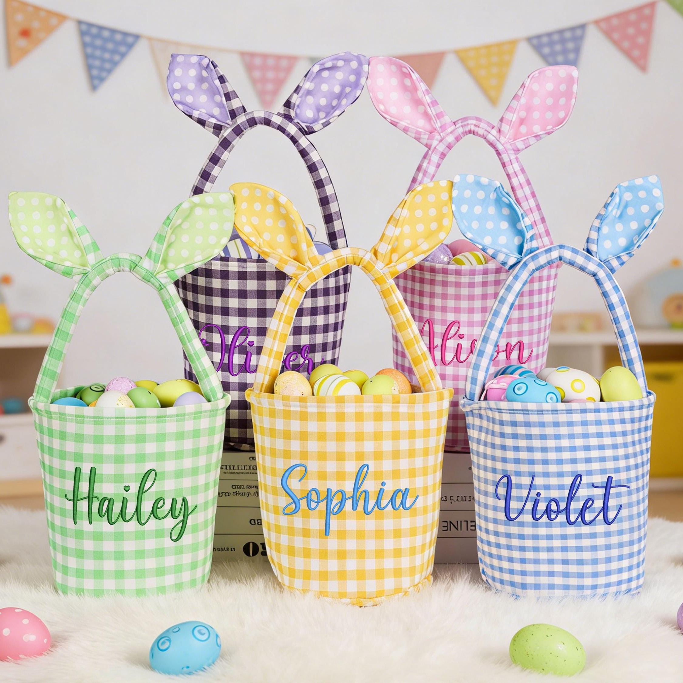 Personalized Embroidered Bunny Ear Easter Basket | CWEaster79