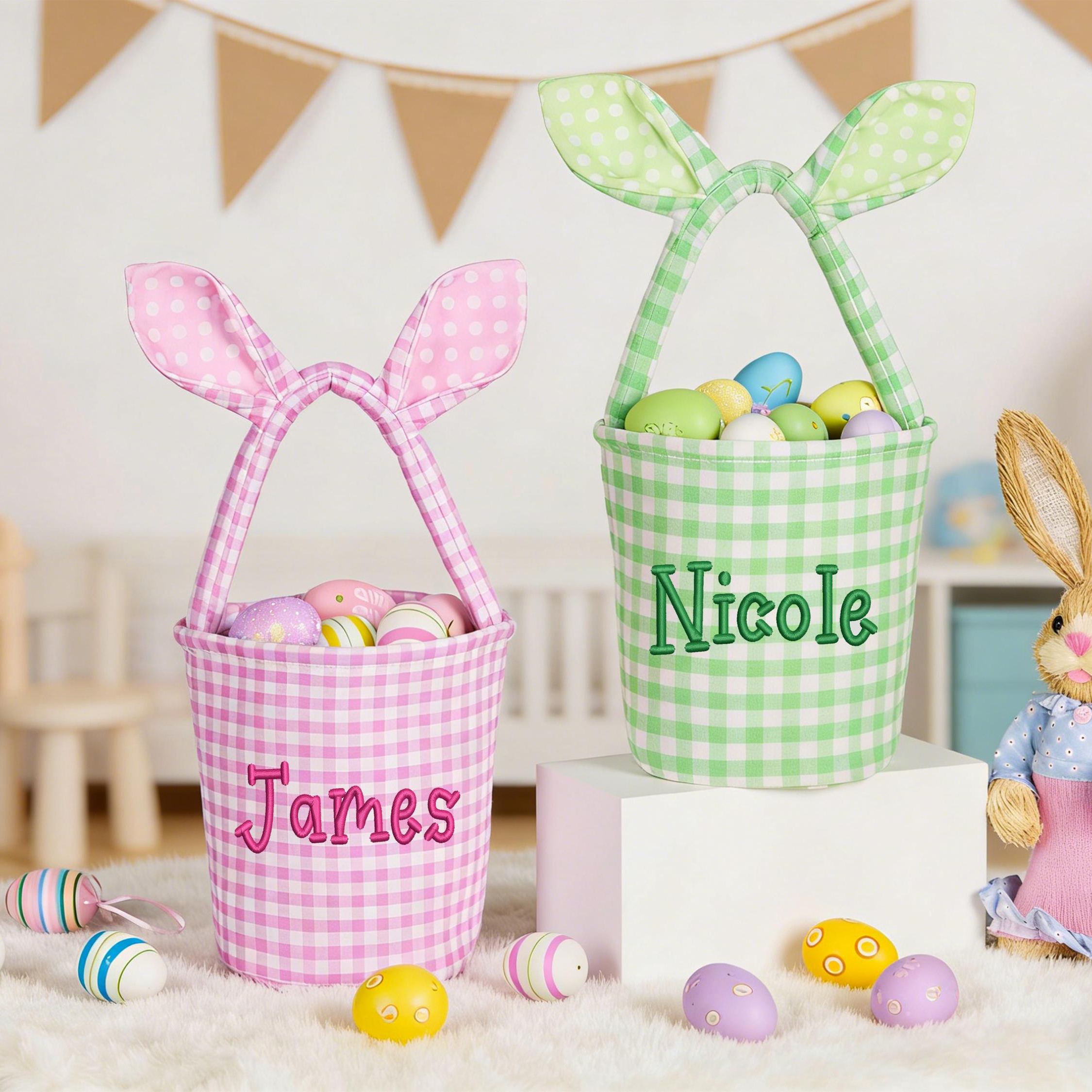 Personalized Embroidered Bunny Ear Easter Basket | CWEaster79