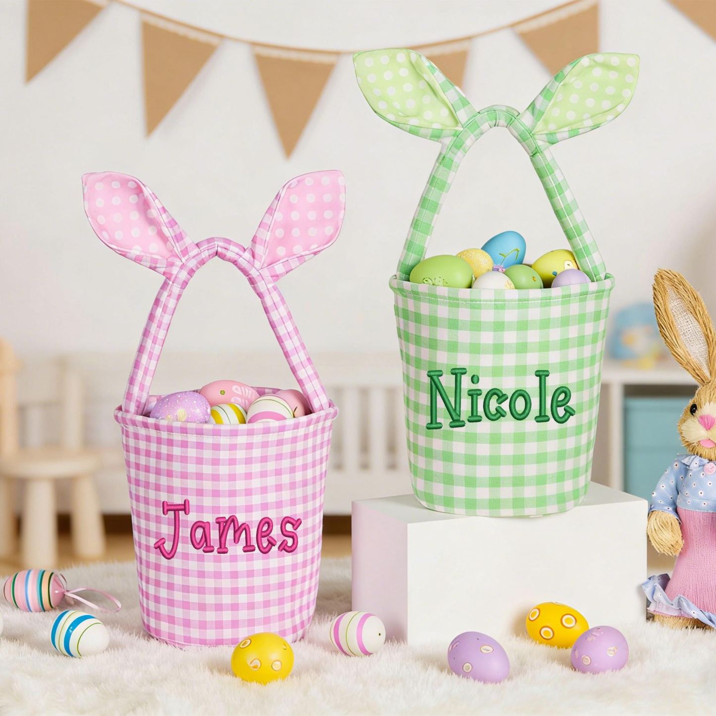 Personalized Embroidered Bunny Ear Easter Basket | CWEaster79