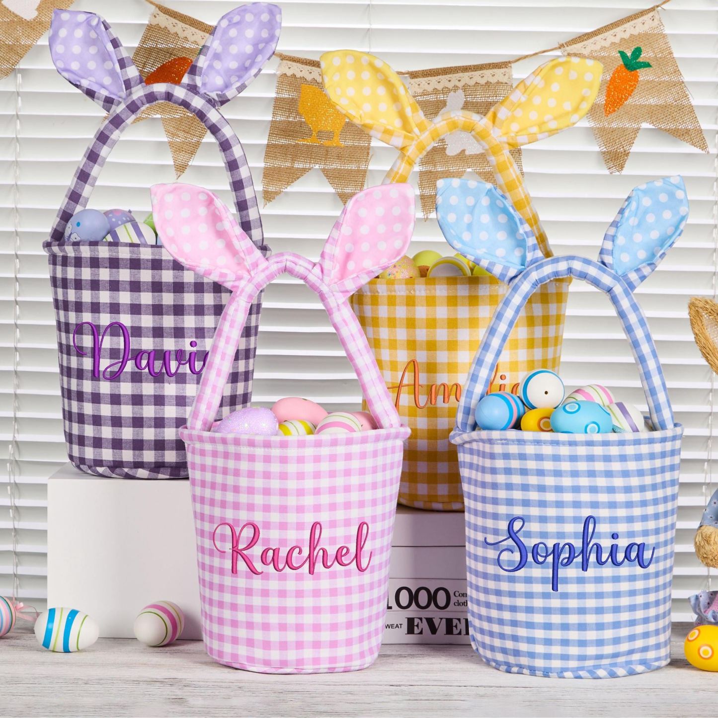 Personalized Embroidered Bunny Ear Easter Basket | CWEaster79
