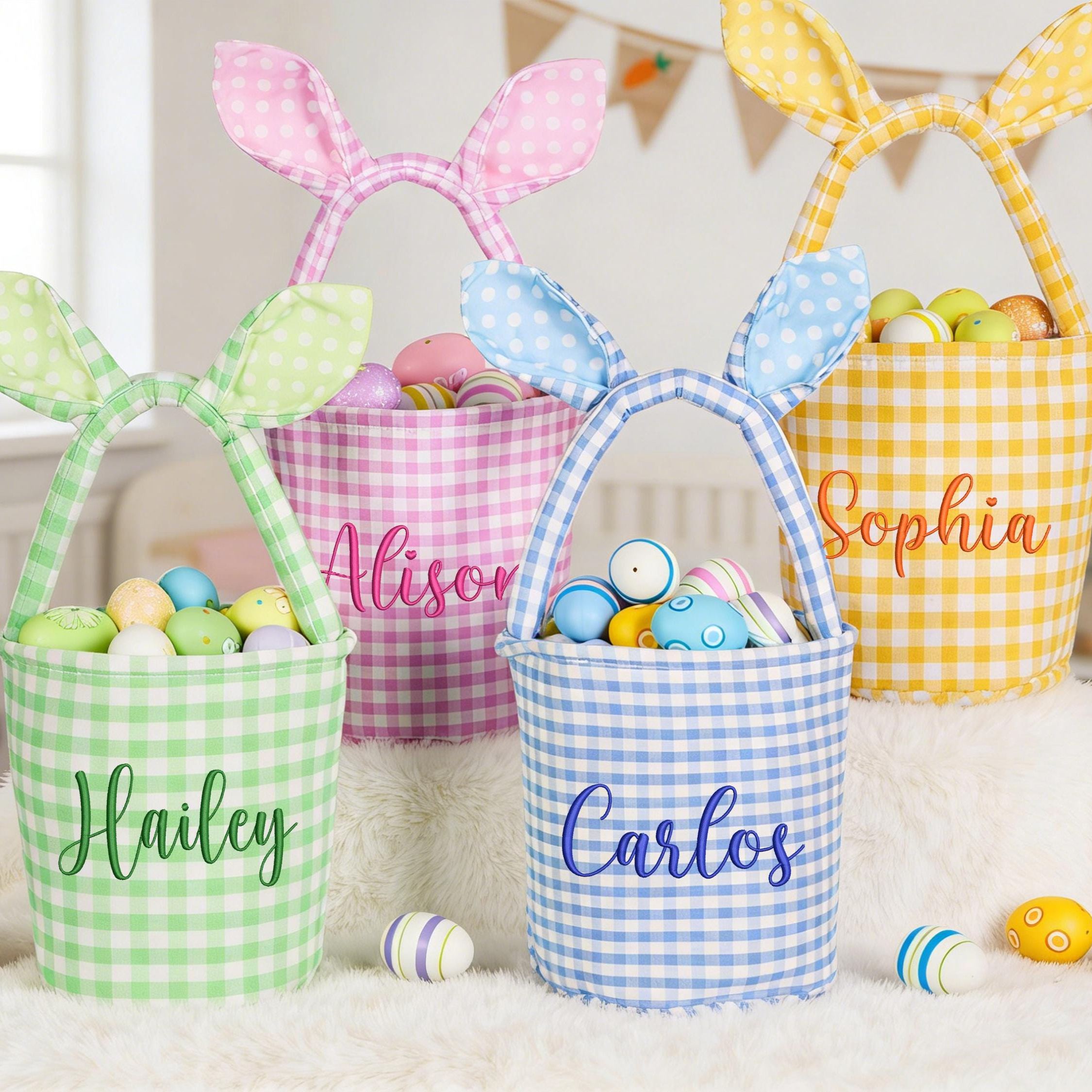 Personalized Embroidered Bunny Ear Easter Basket | CWEaster79