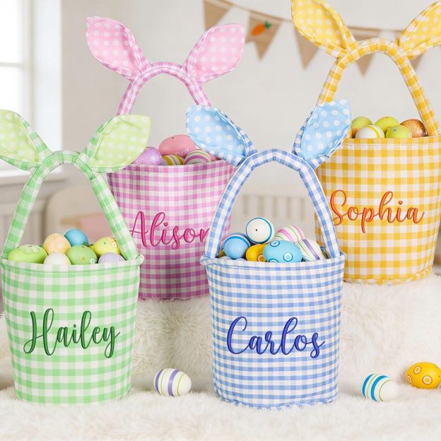 Personalized Embroidered Bunny Ear Easter Basket | CWEaster79