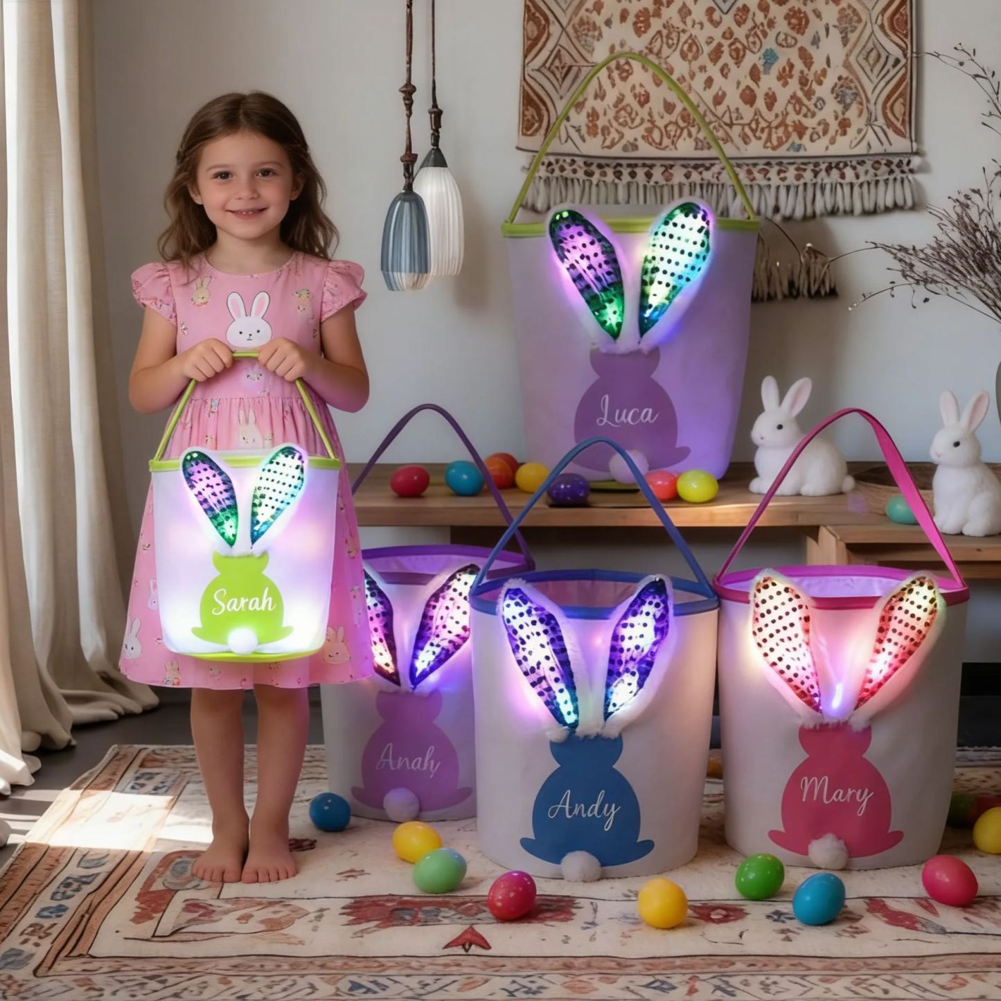 Personalized LED Lighting Bunny Ear Easter Basket | CWEaster80