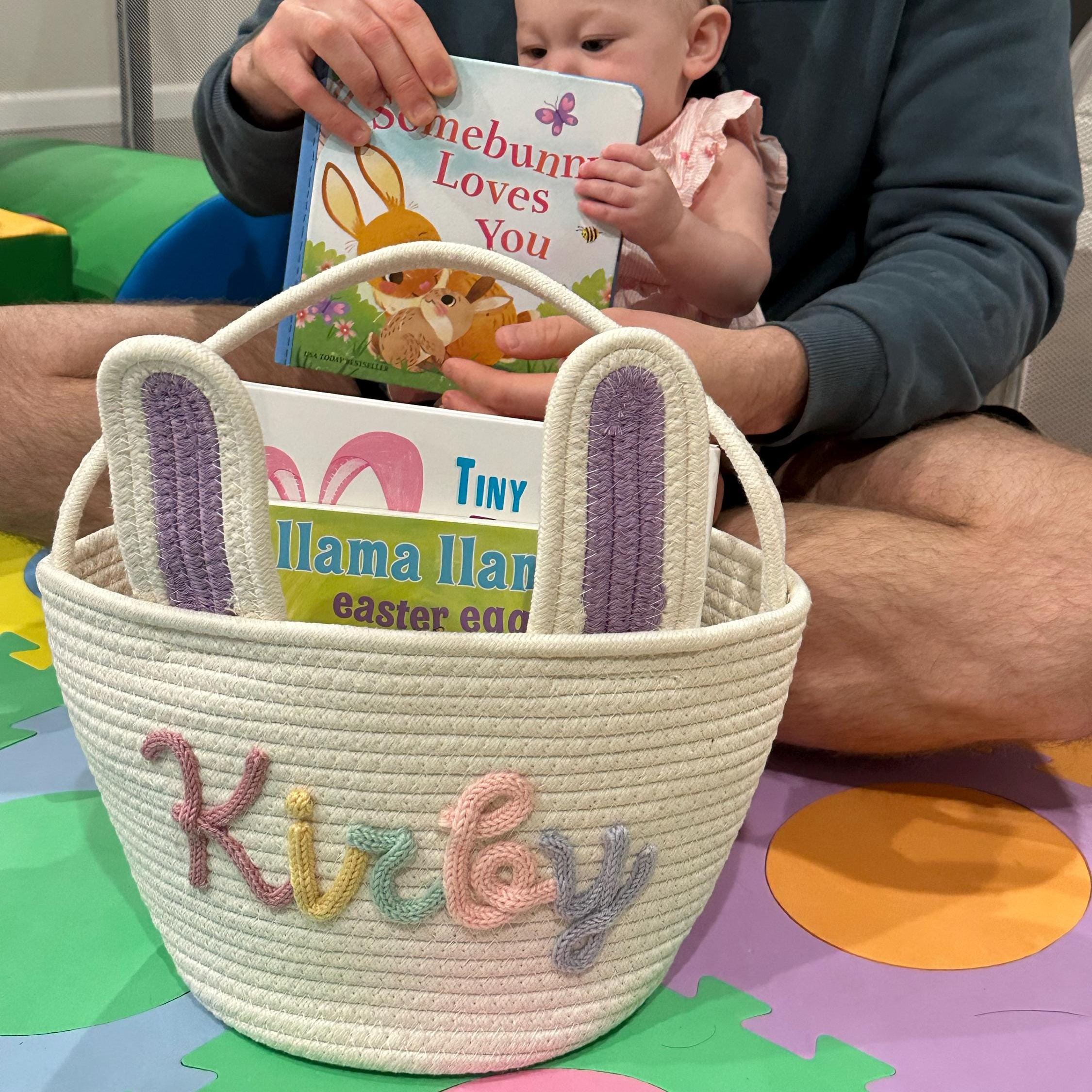 Personalized Hand-embroidered Bunny Easter Basket | CWEaster81