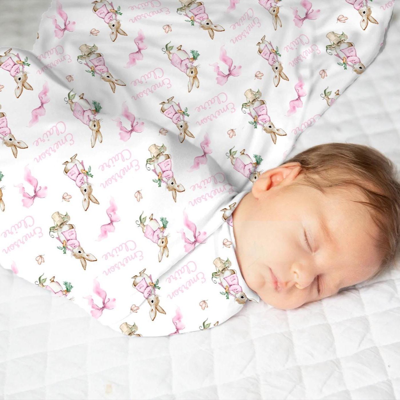 Personalized Bunny Bows Baby Easter Swaddle | BBBlanket37