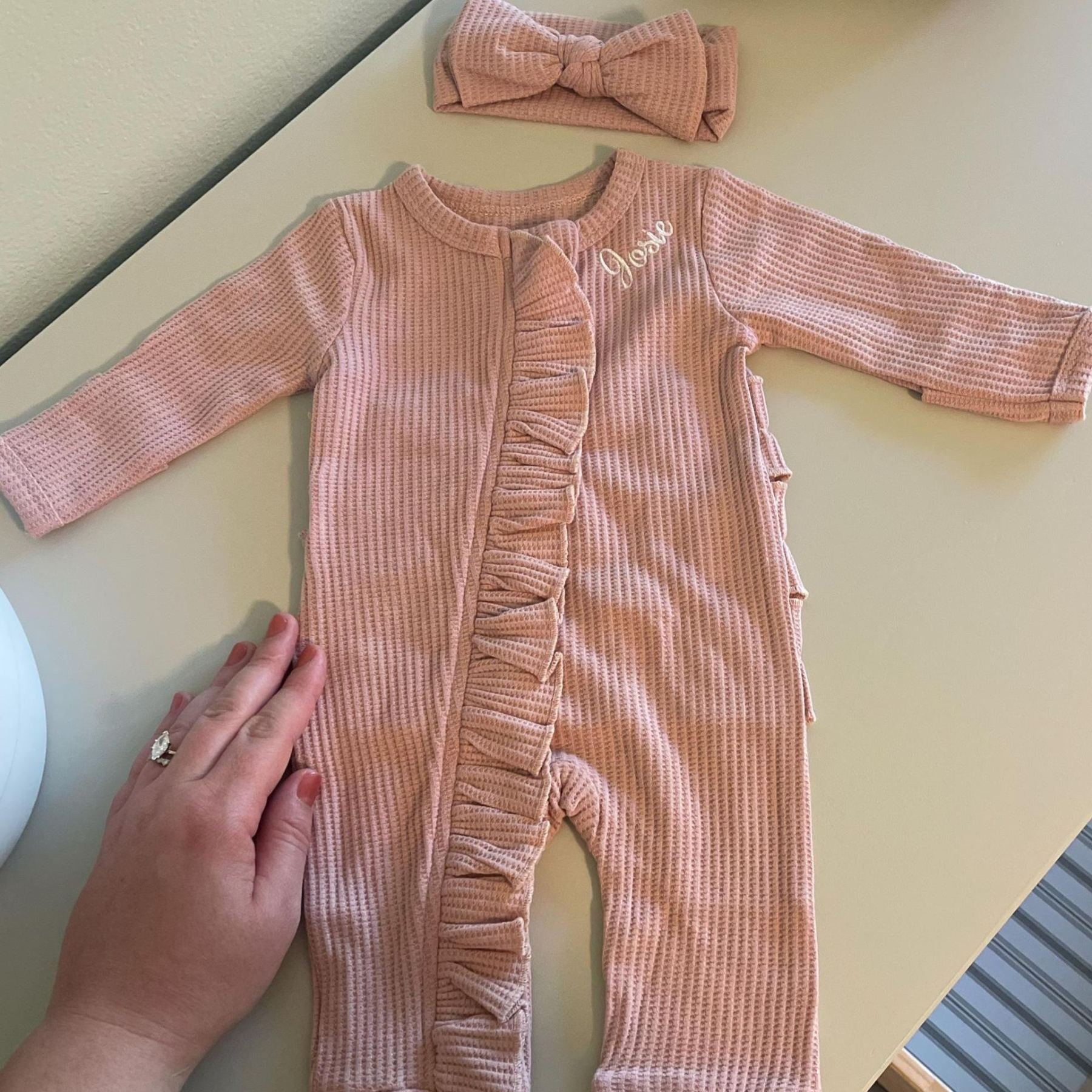 Personalized Newborn Embroidery Waffle Ruffled Romper With Bow | CWBaby354