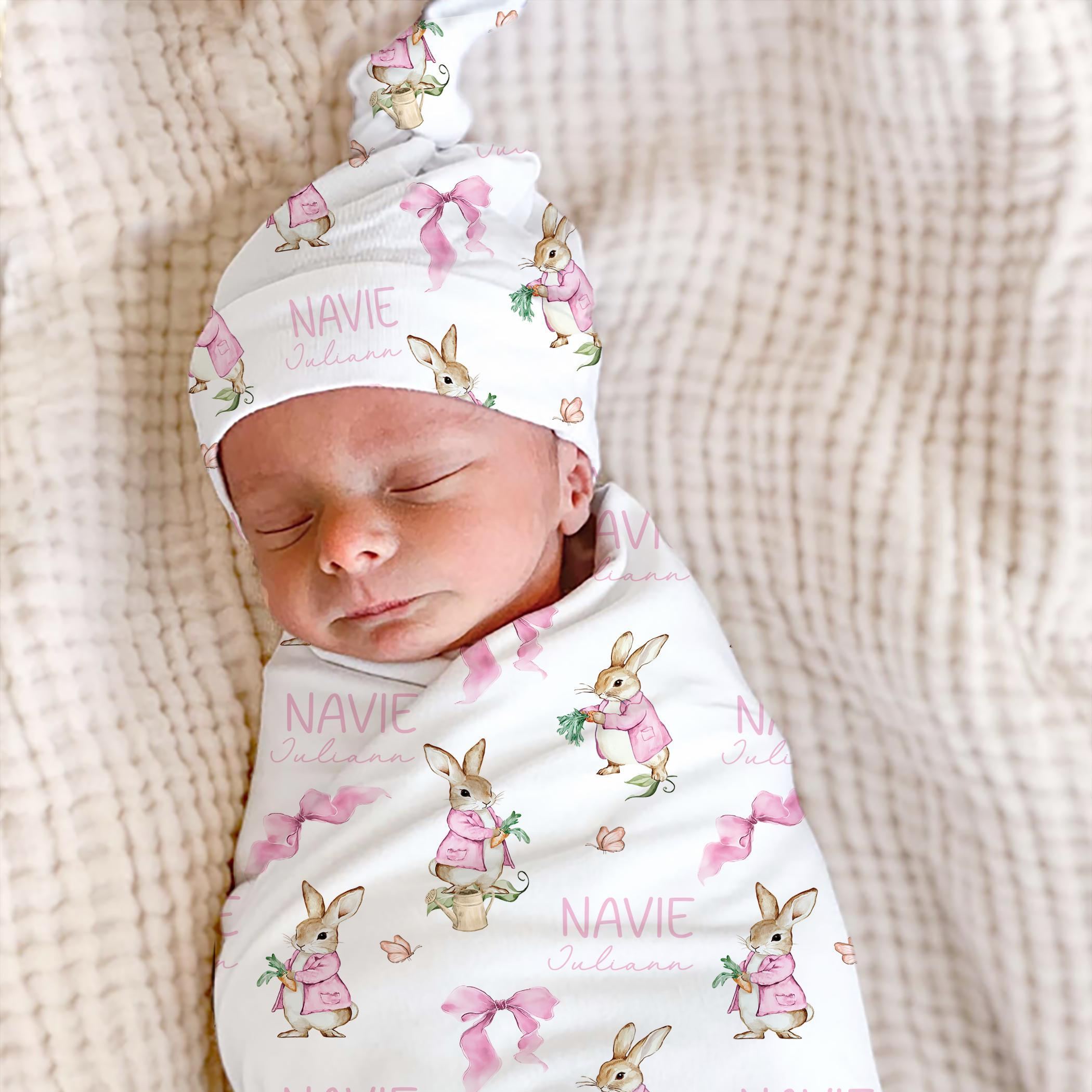 Personalized Bunny Bows Baby Easter Swaddle | BBBlanket37