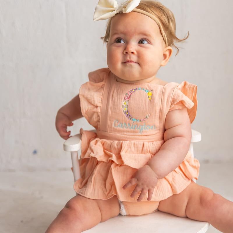 Personalized Embroidery Floral Name Ruffle Romper | CWBaby212
