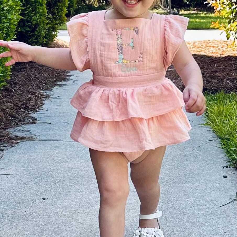 Personalized Embroidery Floral Name Ruffle Romper | CWBaby212