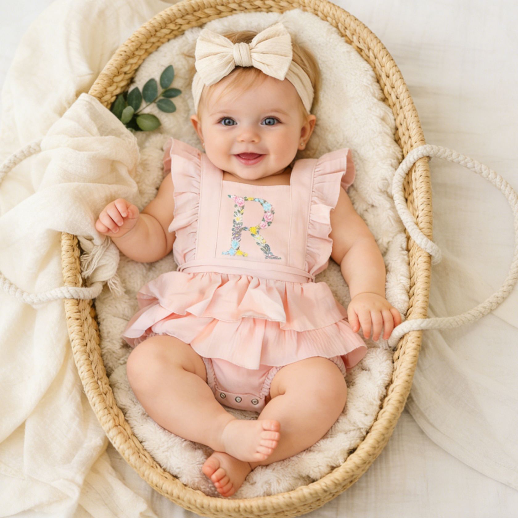 Personalized Embroidery Floral Name Ruffle Romper | CWBaby212