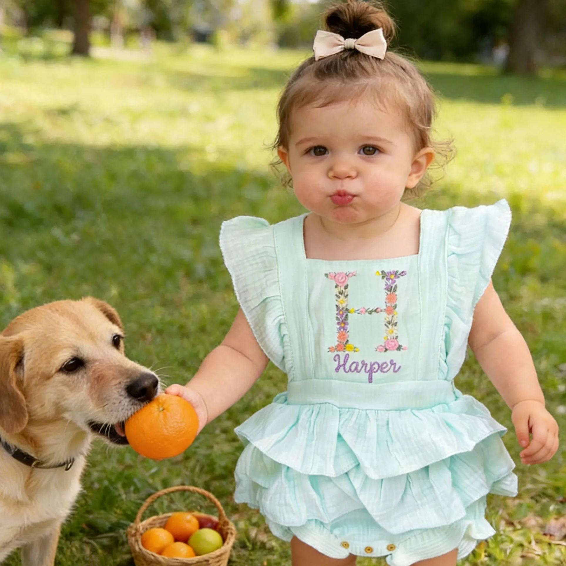 Personalized Embroidery Floral Name Ruffle Romper | CWBaby212