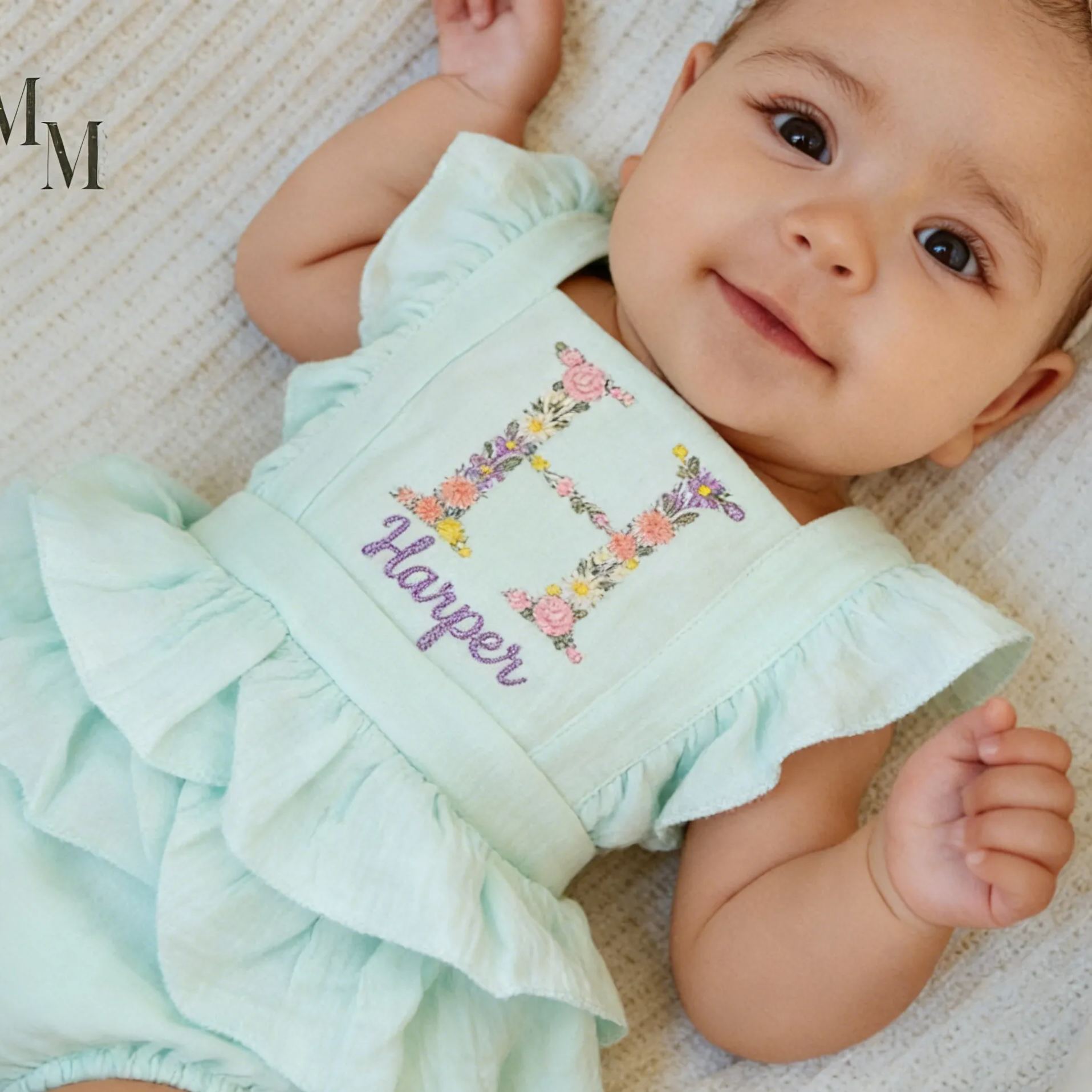 Personalized Embroidery Floral Name Ruffle Romper | CWBaby212