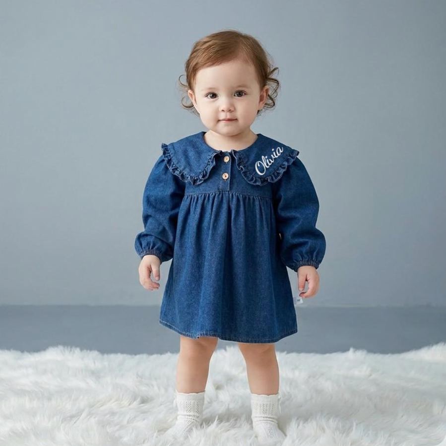 Personalized Baby Girl Vintage Puff Sleeves Denim Dress | CWBaby478