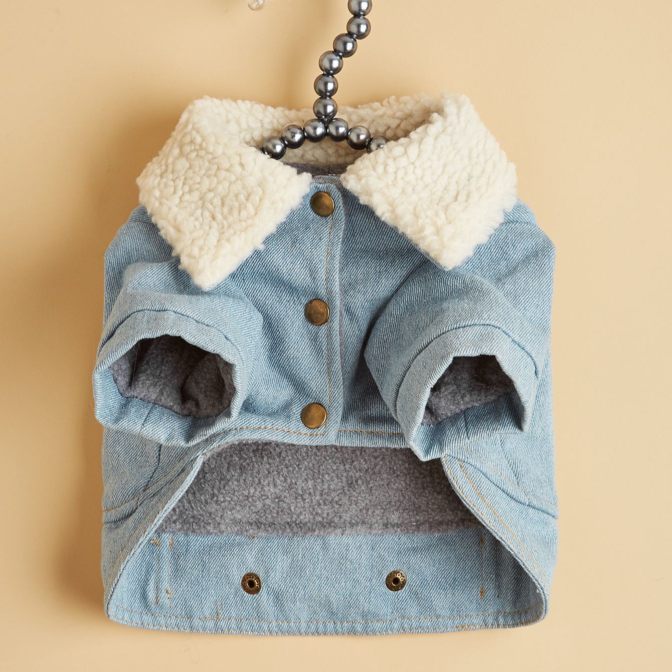 Personalized Handmade Pearl Patch Fleece-Lined Denim Dog Jacket | MNCloth226