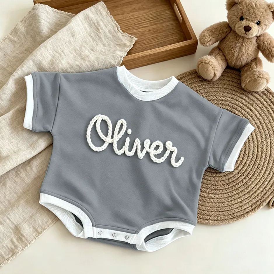 Personalized Hand Embroidered Short Sleeve Baby Bubble Romper | CWBaby503