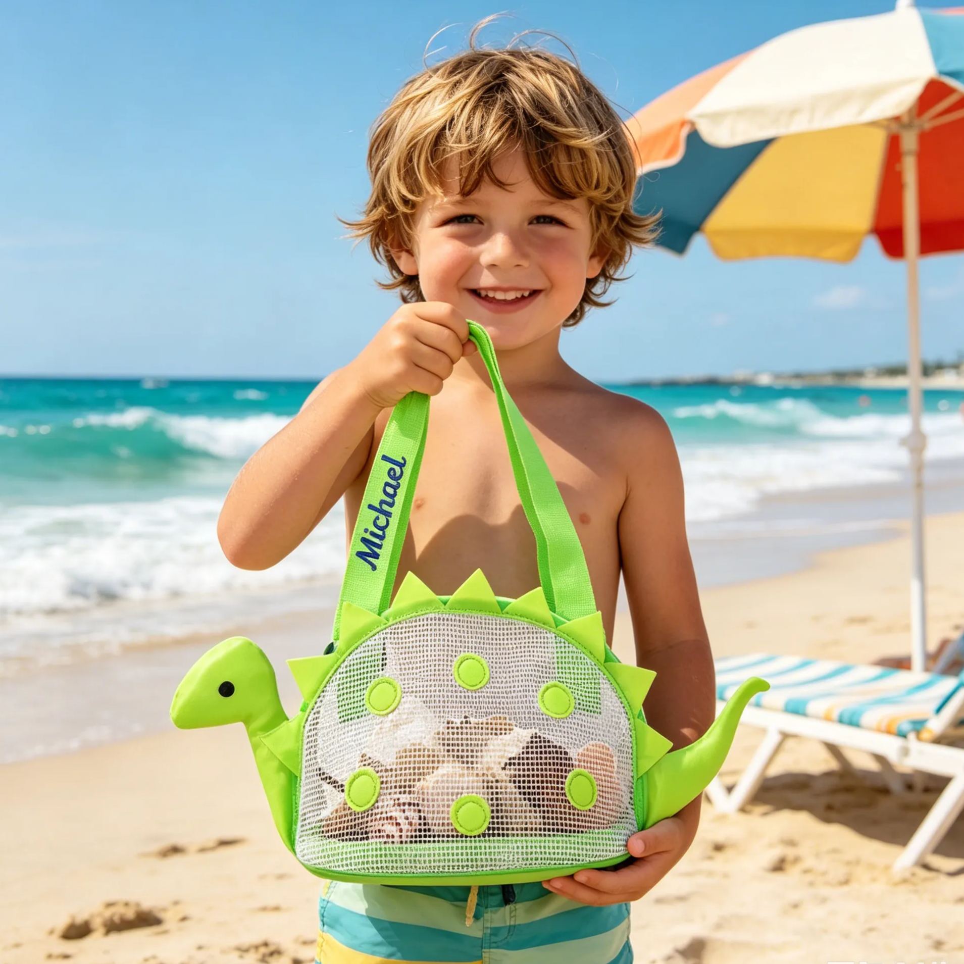 Personalized Dinosaur Seashell Zipper Mesh Beach Bag | CWBeach97